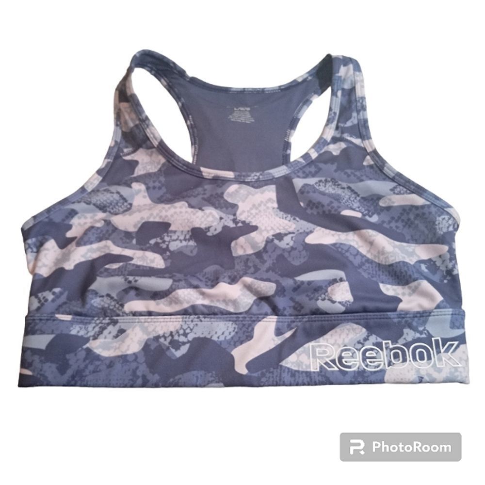 REEBOK Woman's Essentials Blue Camo Sports Bra Size L